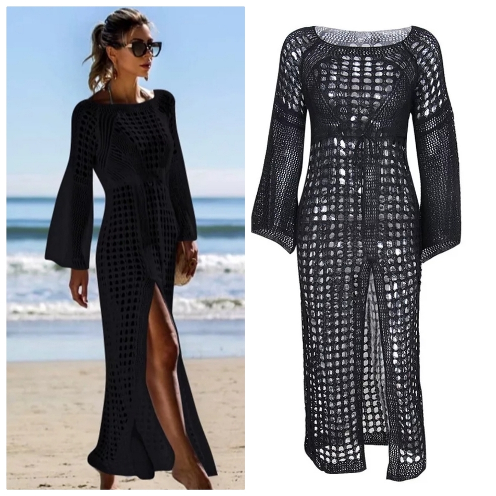 ⭕PREVIEW⭕ BLACK Crocheted Beach Cover Up - Picture 1 of 6
